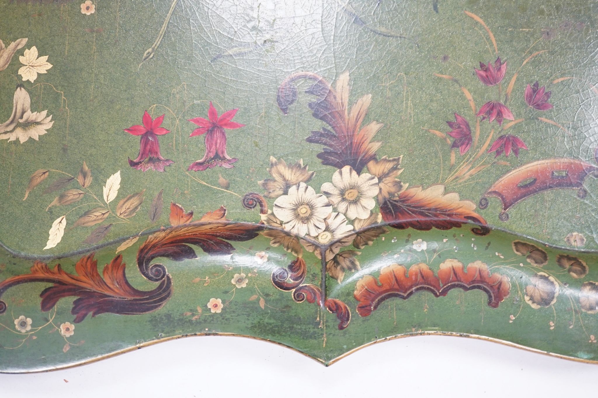 A large Victorian papier mache tray, decorated with butterflies and flowers, 62x82cm